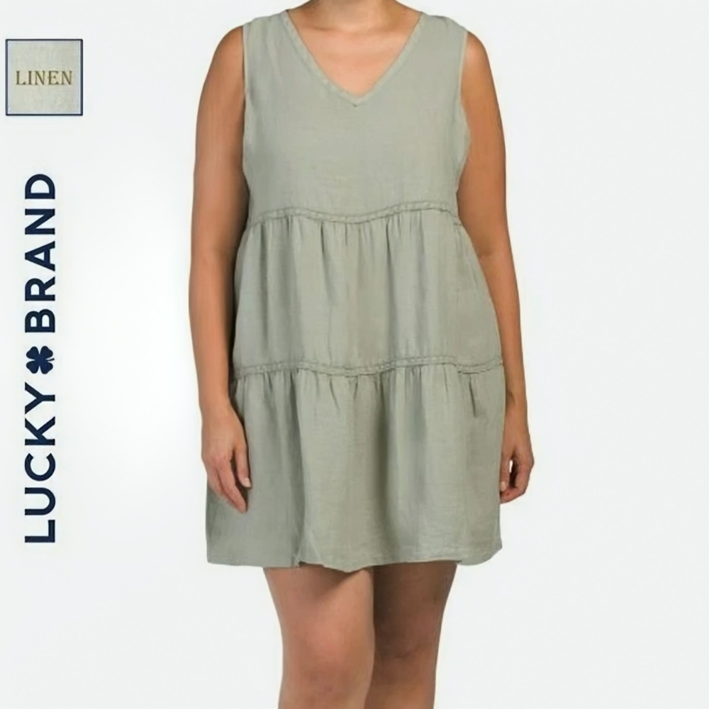 Lucky Brand Plus Linen Sleeveless V-neck Tiered Crochet Sage Mini Dress Size 1X